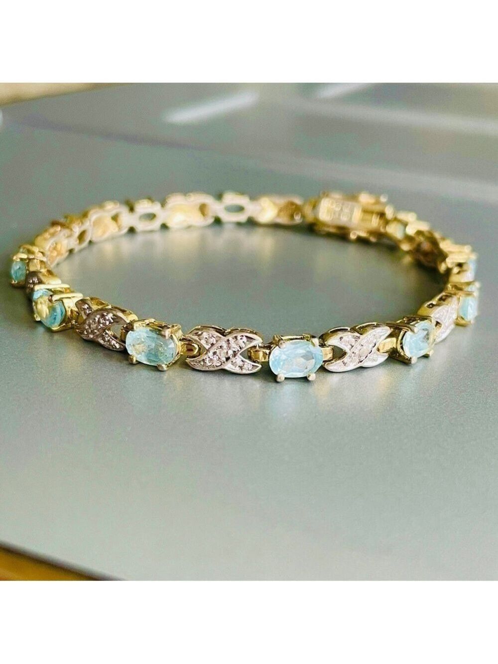 Topaz & Diamond Crossover X Link Gold Vermeil Sterling Silver Tennis Bra…